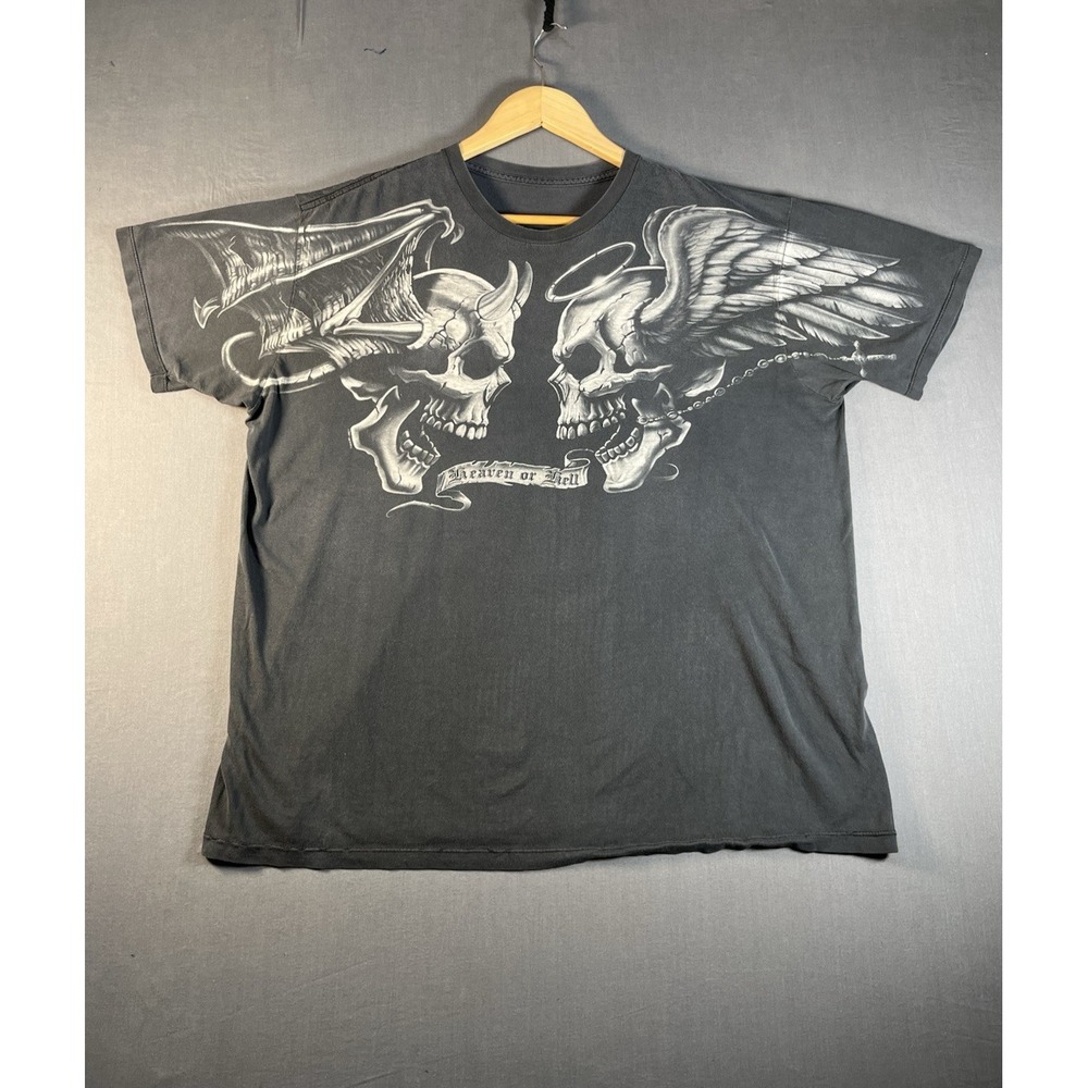 Vintage Y2K Liquid Blue Skull T-shirt Heaven or Hell Goth Black Mens XL